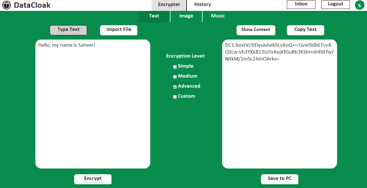 DataCloak encryption workspace with a text input, encryption-level options, and encrypted output.