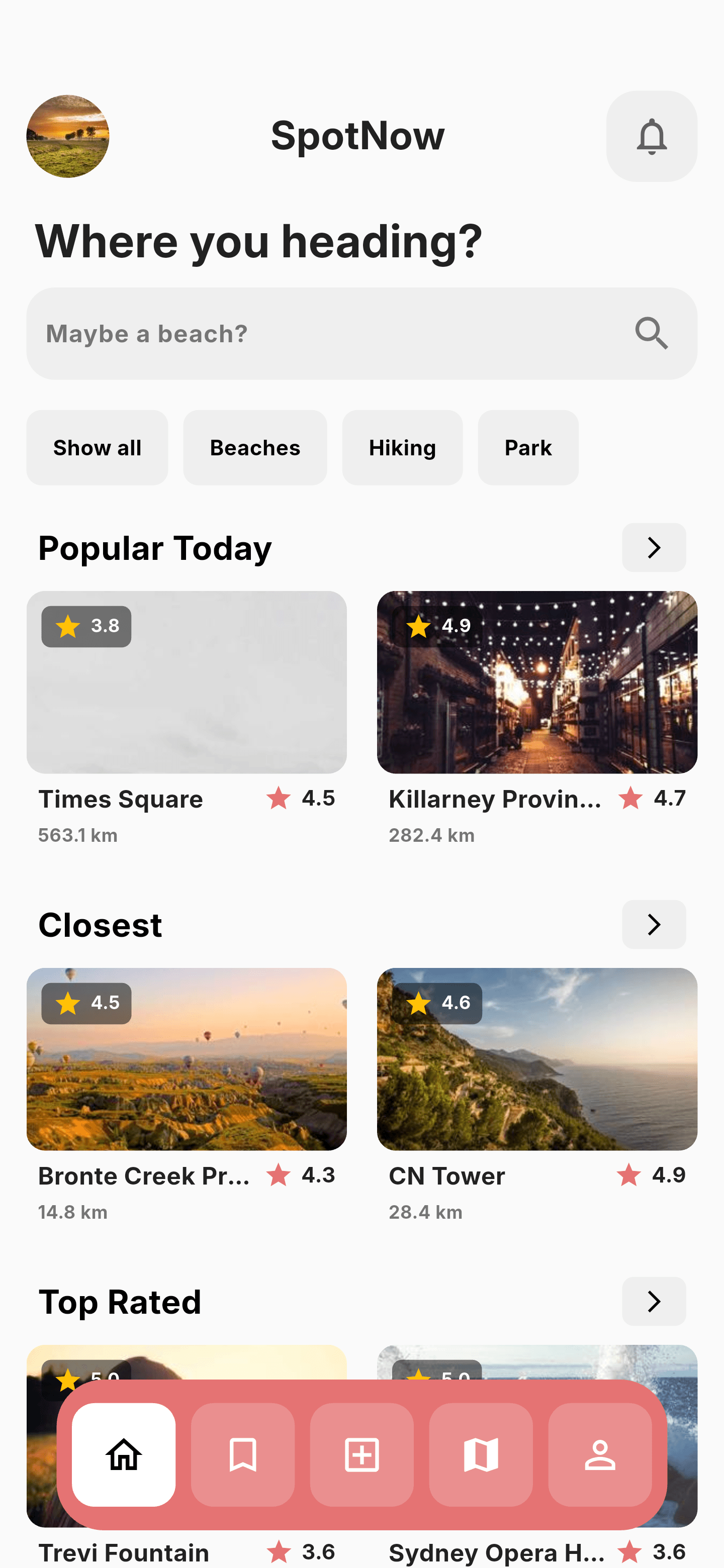 SpotNow home screen with search, outdoor categories, and popular, nearby, and top-rated locations.