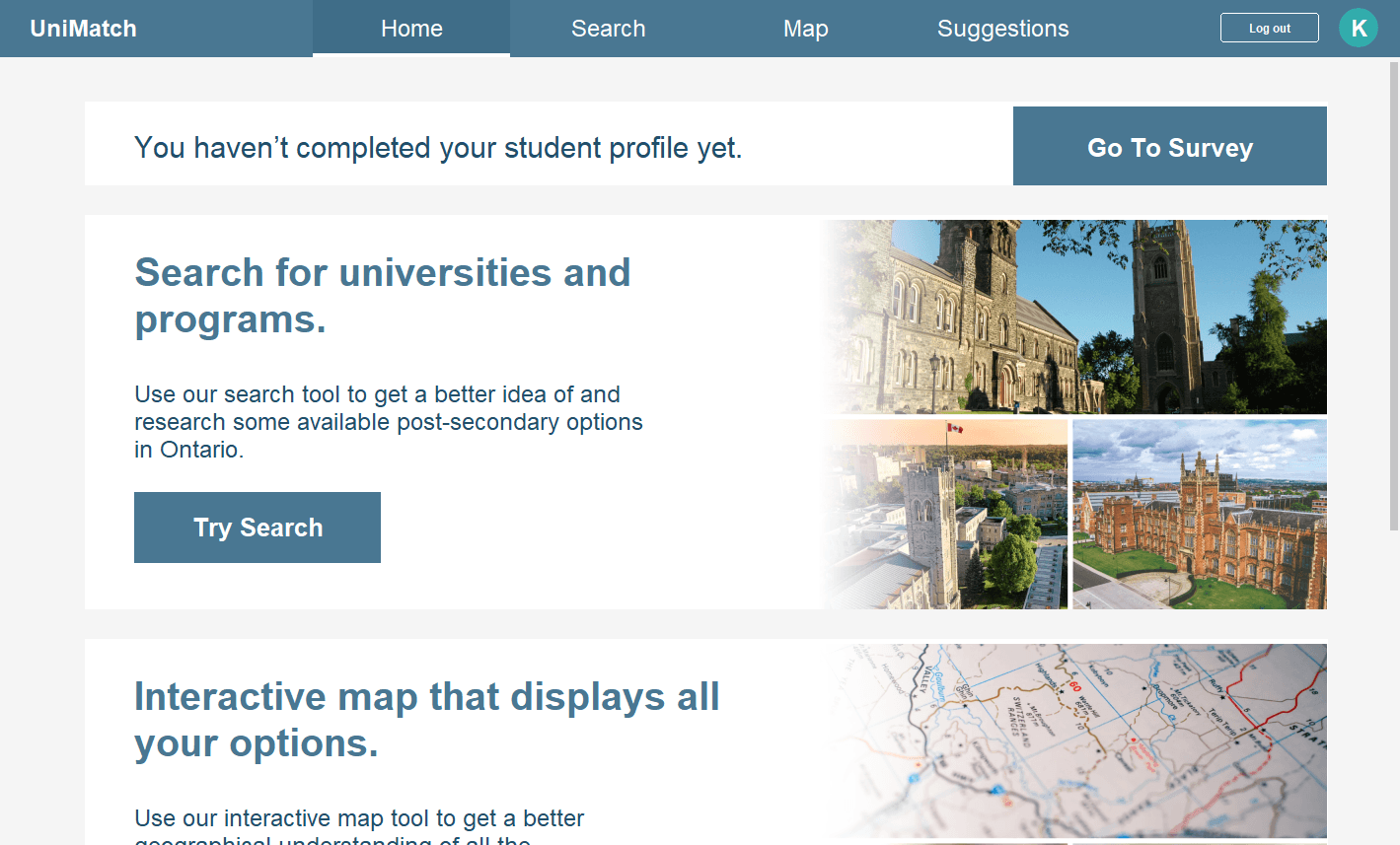 UniMatch home screen with links to university search, the interactive map, and the student survey.